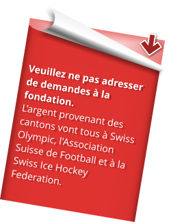 Veuillez ne pas adresser de demandes à la fondation.  L’argent provenant des  cantons vont tous à Swiss Olympic, l'Association Suisse de Football et à la Swiss Ice Hockey Federation.